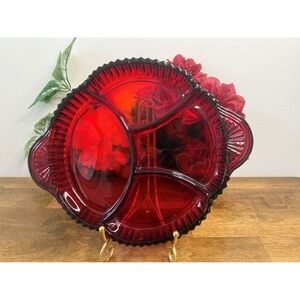 Vintage Ruby Red Divided Relish‎ Dish – Mid-Century Pressed Glass Serving Tray
